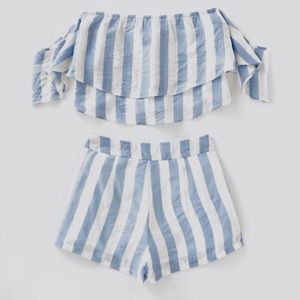 Off Shoulder Striped Layered Crop Top With Shorts